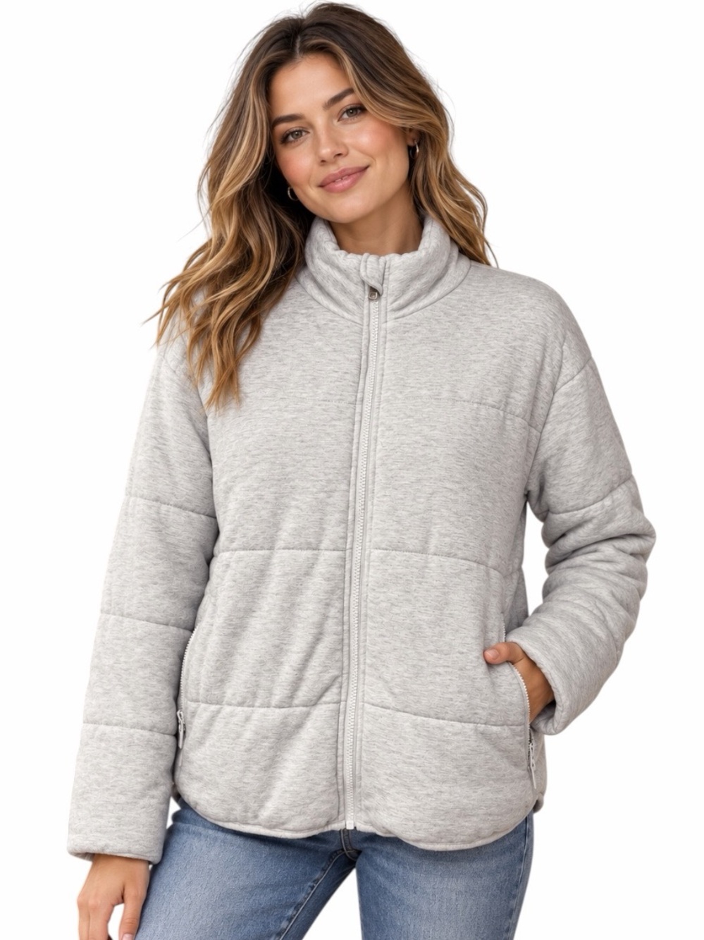 ASOS 8 Heather Gray Quilted Sweatshirt Style Puffer Jacket Full Zip Casual